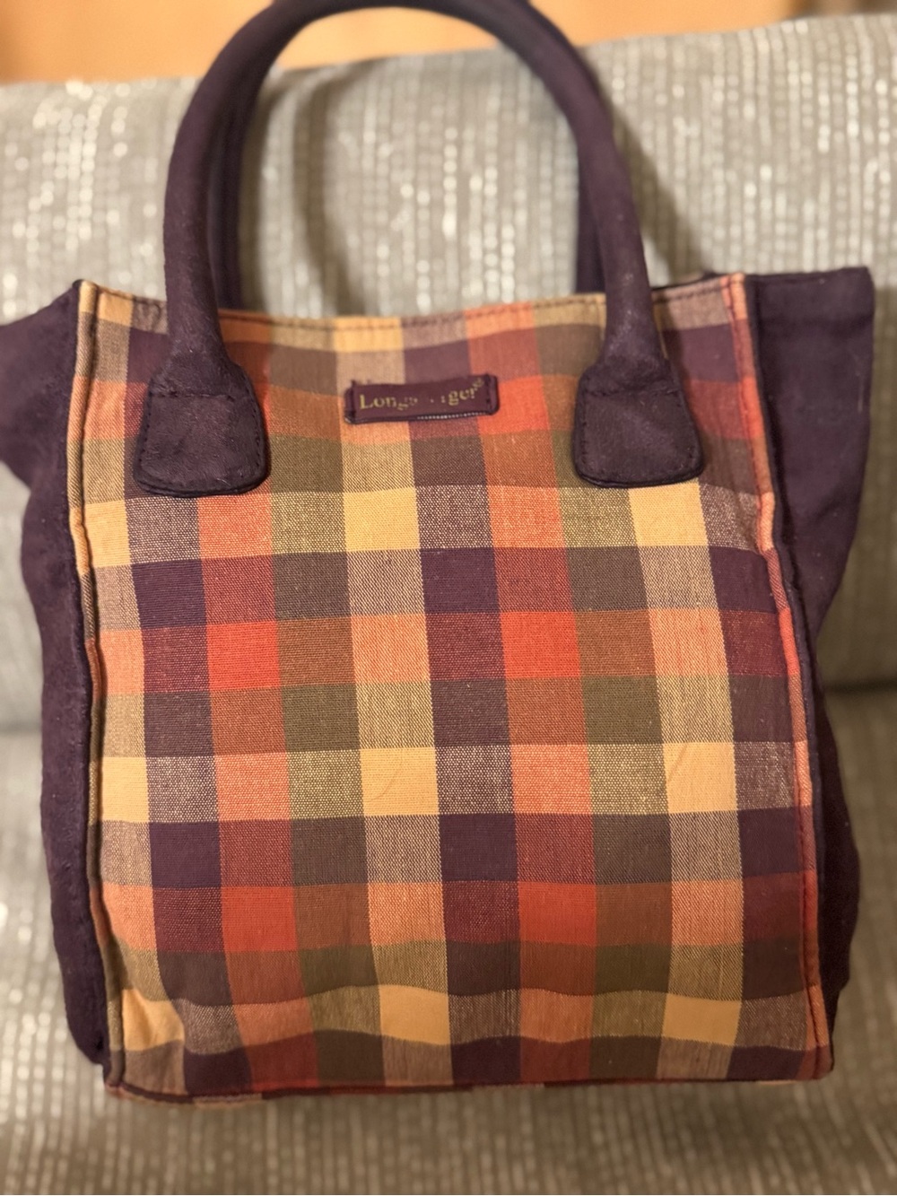 Longaberger Plaid Tote in Purple, Orange, Yellow, Olive-Great for Fall VGUC😊😊